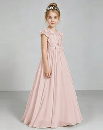 Blush Pink Flower Girl Dress 3D Floral Lace Sheer Chiffon A-Line Floor-Length Gown Side Full View
