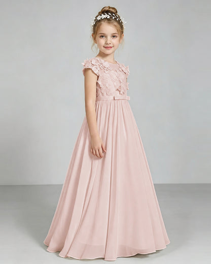 Blush Pink Flower Girl Dress 3D Floral Lace Sheer Chiffon A-Line Floor-Length Gown Side Full View