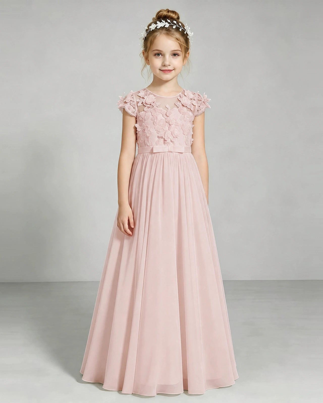 Blush Pink Flower Girl Dress 3D Floral Lace Sheer Chiffon A-Line Floor-Length Gown Front Full View