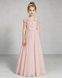 Blush Pink Flower Girl Dress 3D Floral Lace Sheer Chiffon A-Line Floor-Length Gown Front Full View