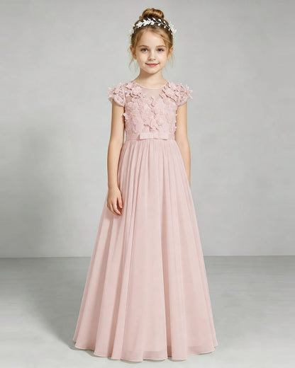 Blush Pink Flower Girl Dress 3D Floral Lace Sheer Chiffon A-Line Floor-Length Gown Front Full View