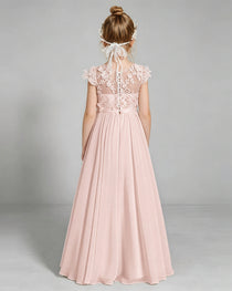 Blush Pink Flower Girl Dress 3D Floral Lace Sheer Chiffon A-Line Floor-Length Gown Back Full View