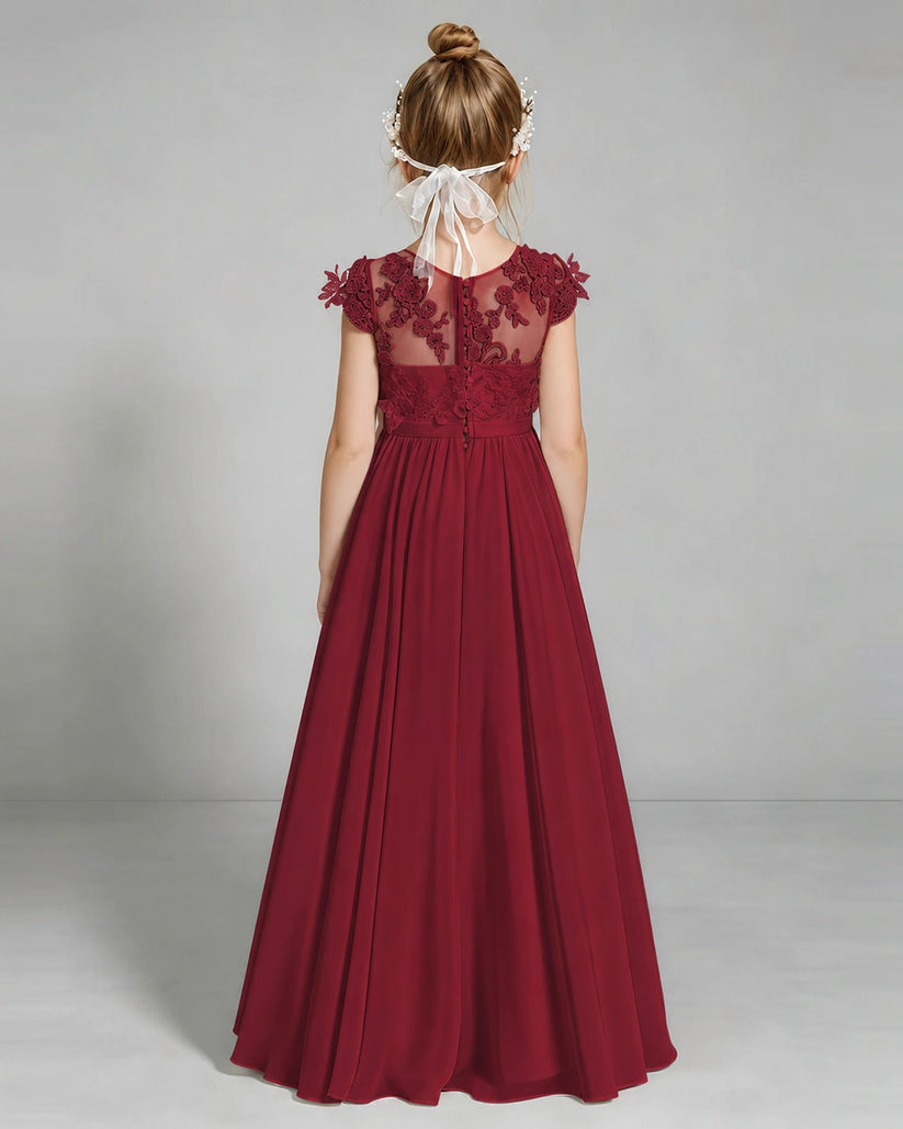Burgundy Chiffon A-line Junior Bridesmaid Dress Back View