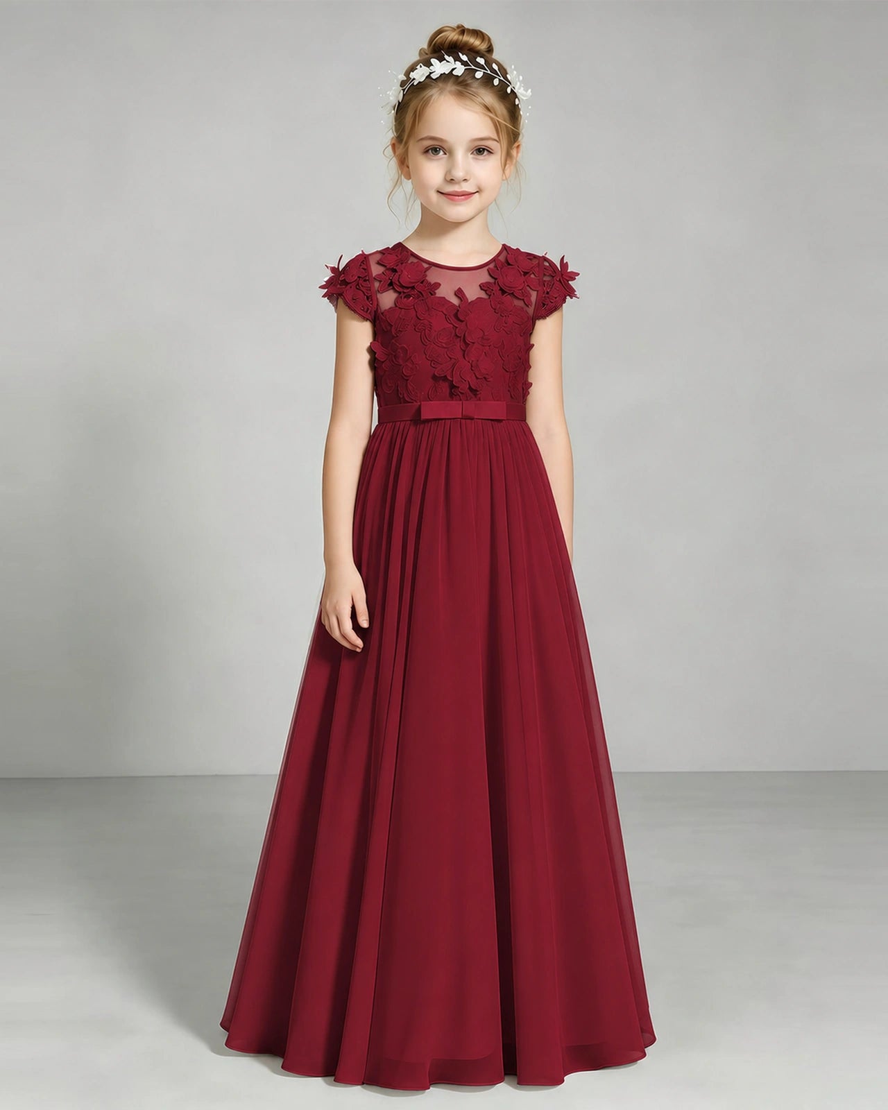 Burgundy Flower Girl Dress 3D Floral Lace Sheer Chiffon A-Line Floor-Length Gown Front Full View