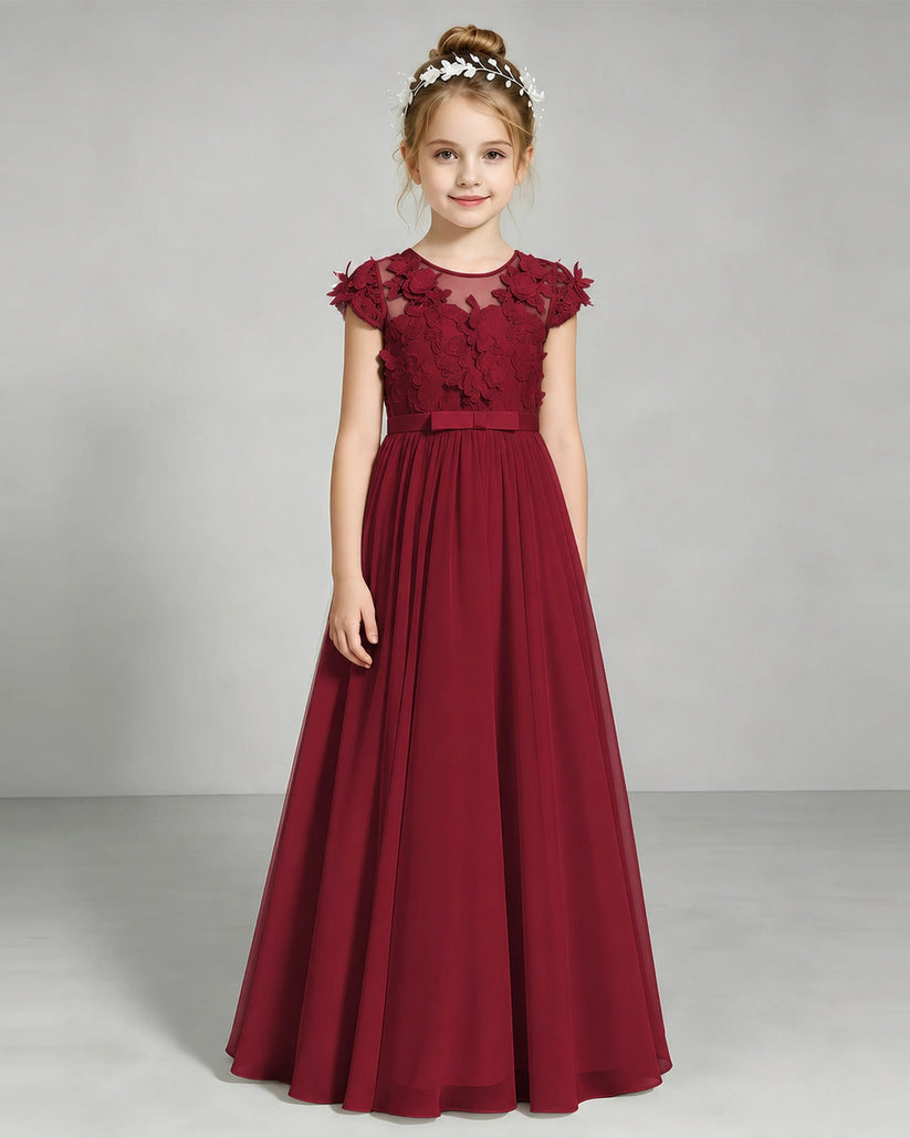 Burgundy Chiffon A-line Junior Bridesmaid Dress Front View