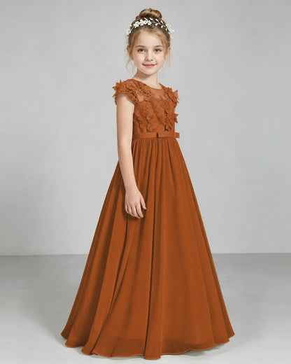 Burnt Orange Flower Girl Dress 3D Floral Lace Sheer Chiffon A-Line Floor-Length Gown Side Full View