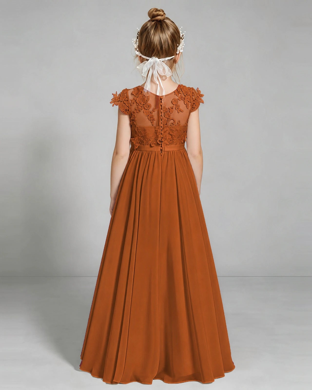 Burnt Orange Flower Girl Dress 3D Floral Lace Sheer Chiffon A-Line Floor-Length Gown Back Full View