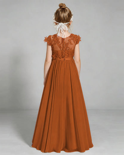 Burnt Orange Flower Girl Dress 3D Floral Lace Sheer Chiffon A-Line Floor-Length Gown Back Full View