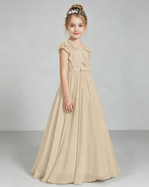 Champagne Flower Girl Dress 3D Floral Lace Sheer Chiffon A-Line Floor-Length Gown Side Full View