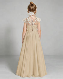 Champagne Flower Girl Dress 3D Floral Lace Sheer Chiffon A-Line Floor-Length Gown Back Full View