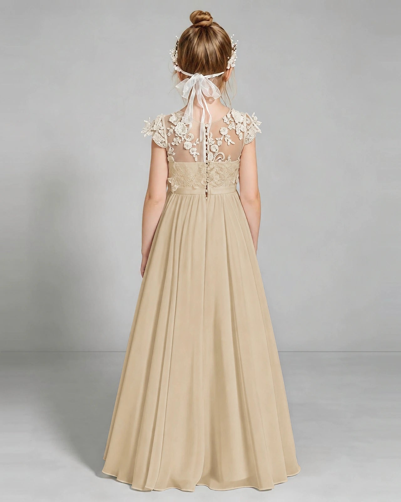 Champagne Flower Girl Dress 3D Floral Lace Sheer Chiffon A-Line Floor-Length Gown Back Full View