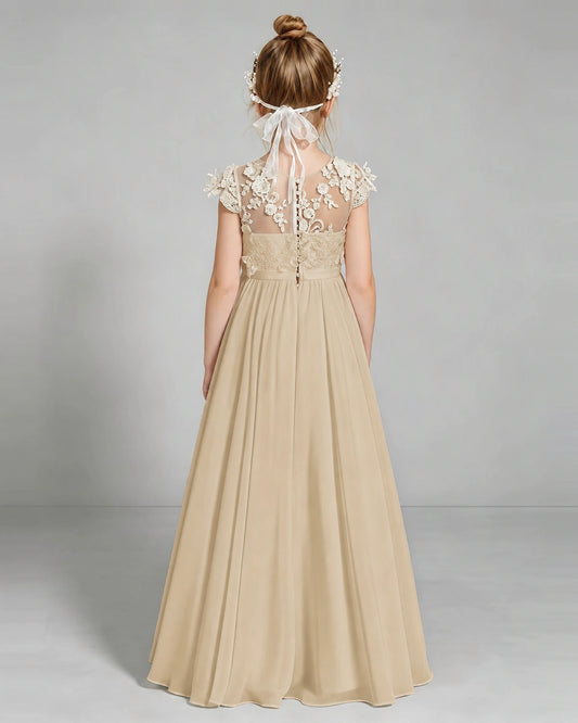 Champagne Chiffon A-line Junior Bridesmaid Dress Back View
