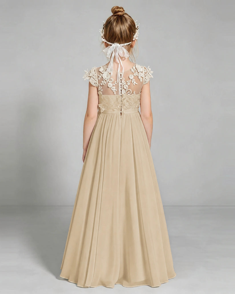 Champagne Chiffon A-line Junior Bridesmaid Dress Back View