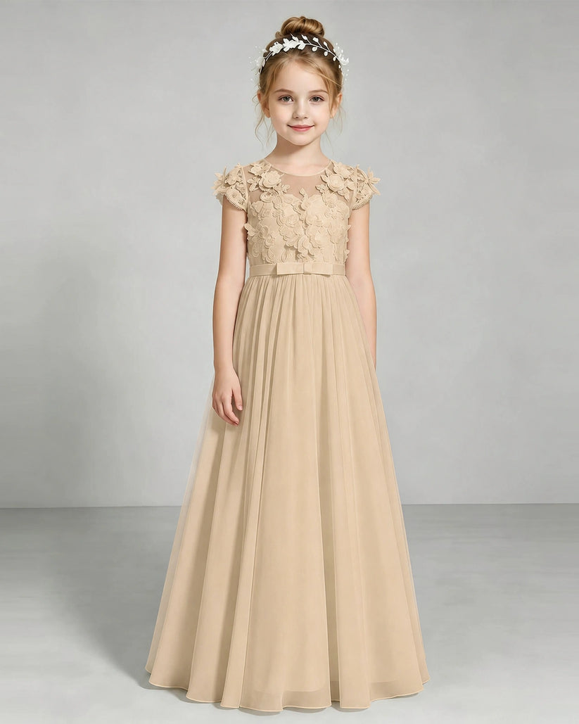 Champagne Tulle A-line Junior Bridesmaid Dress Front View