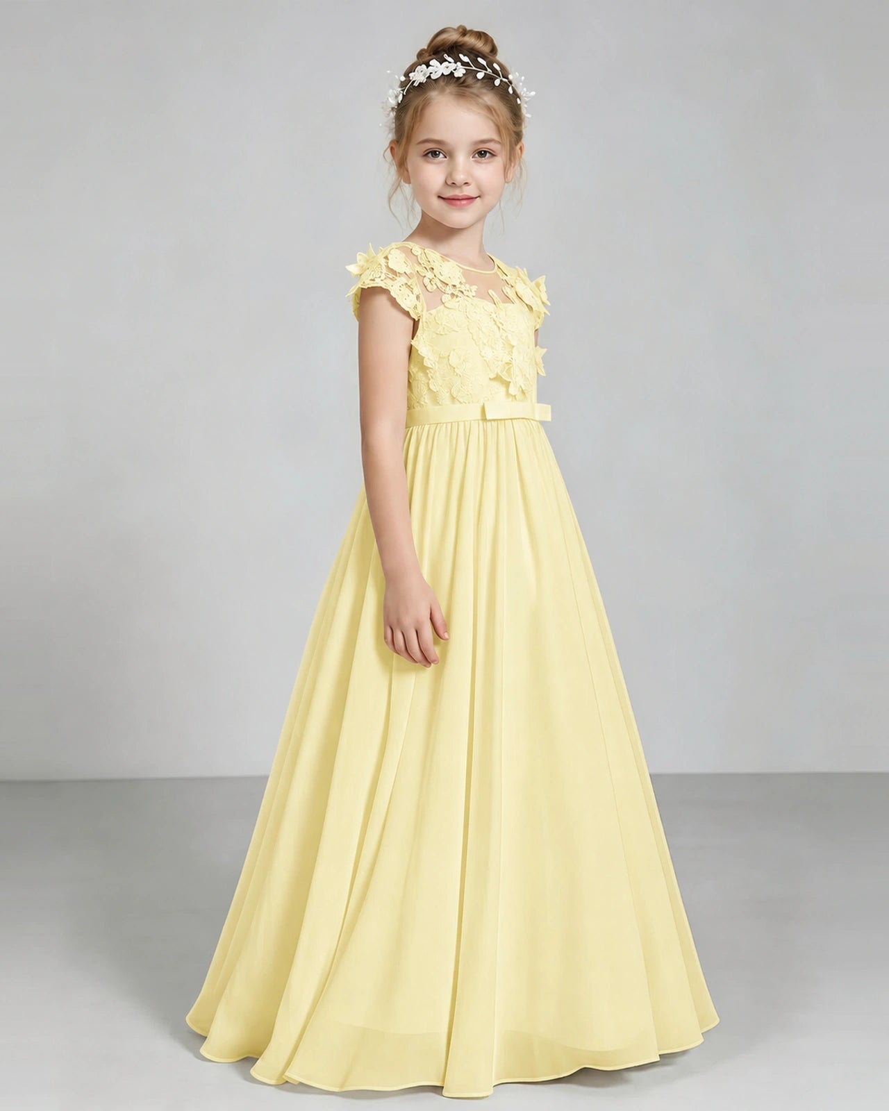 Daffodi Flower Girl Dress 3D Floral Lace Sheer Chiffon A-Line Floor-Length Gown Side Full View