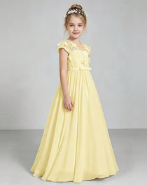 Daffodi Flower Girl Dress 3D Floral Lace Sheer Chiffon A-Line Floor-Length Gown Side Full View
