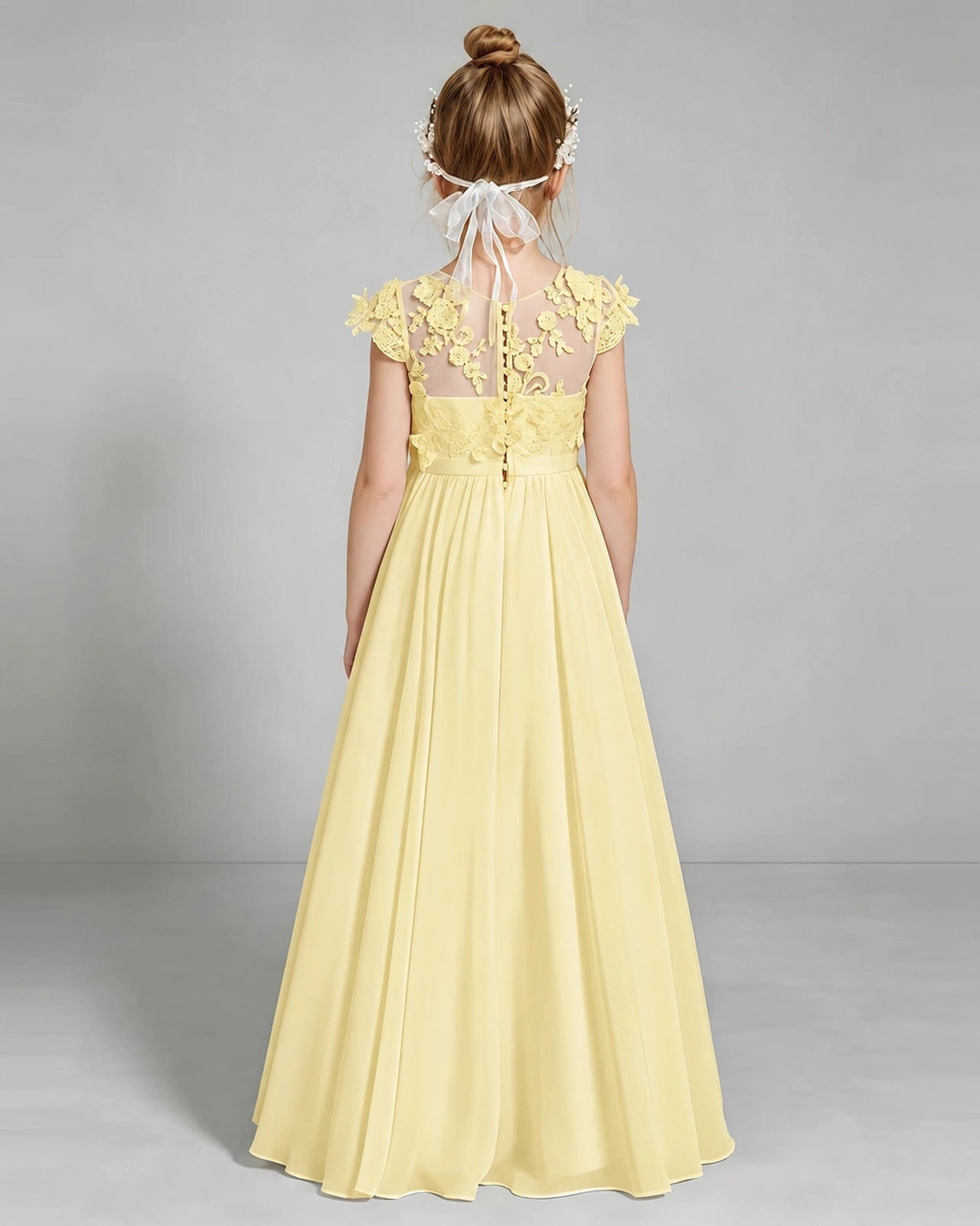Daffodi Flower Girl Dress 3D Floral Lace Sheer Chiffon A-Line Floor-Length Gown Back Full View