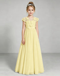 Daffodi Flower Girl Dress 3D Floral Lace Sheer Chiffon A-Line Floor-Length Gown Front Full View