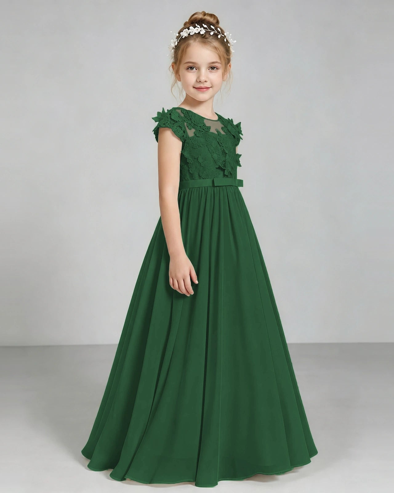 Dark Green Flower Girl Dress 3D Floral Lace Sheer Chiffon A-Line Floor-Length Gown Side Full View