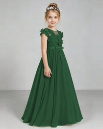 Dark Green Flower Girl Dress 3D Floral Lace Sheer Chiffon A-Line Floor-Length Gown Side Full View