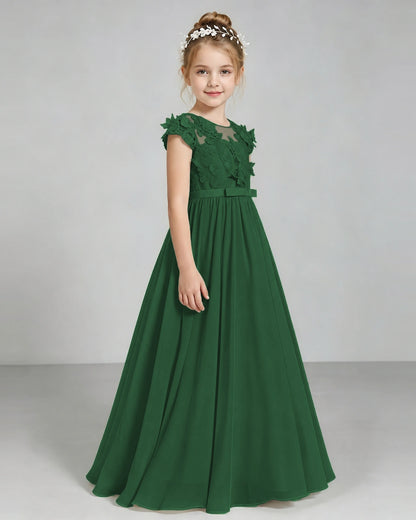 Dark Green Flower Girl Dress 3D Floral Lace Sheer Chiffon A-Line Floor-Length Gown Side Full View