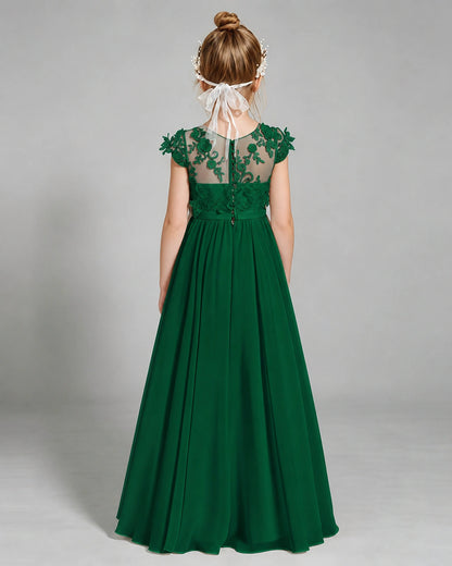Dark Green Flower Girl Dress 3D Floral Lace Sheer Chiffon A-Line Floor-Length Gown Back Full View