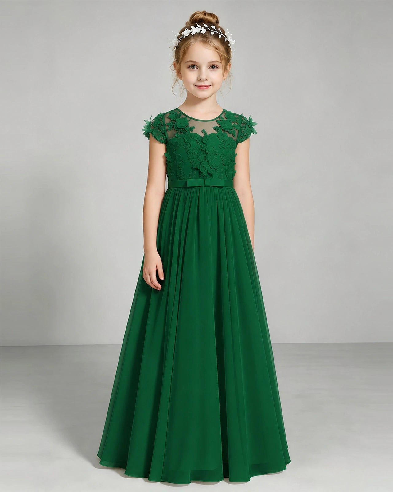 Dark Green Flower Girl Dress 3D Floral Lace Sheer Chiffon A-Line Floor-Length Gown Front Full View