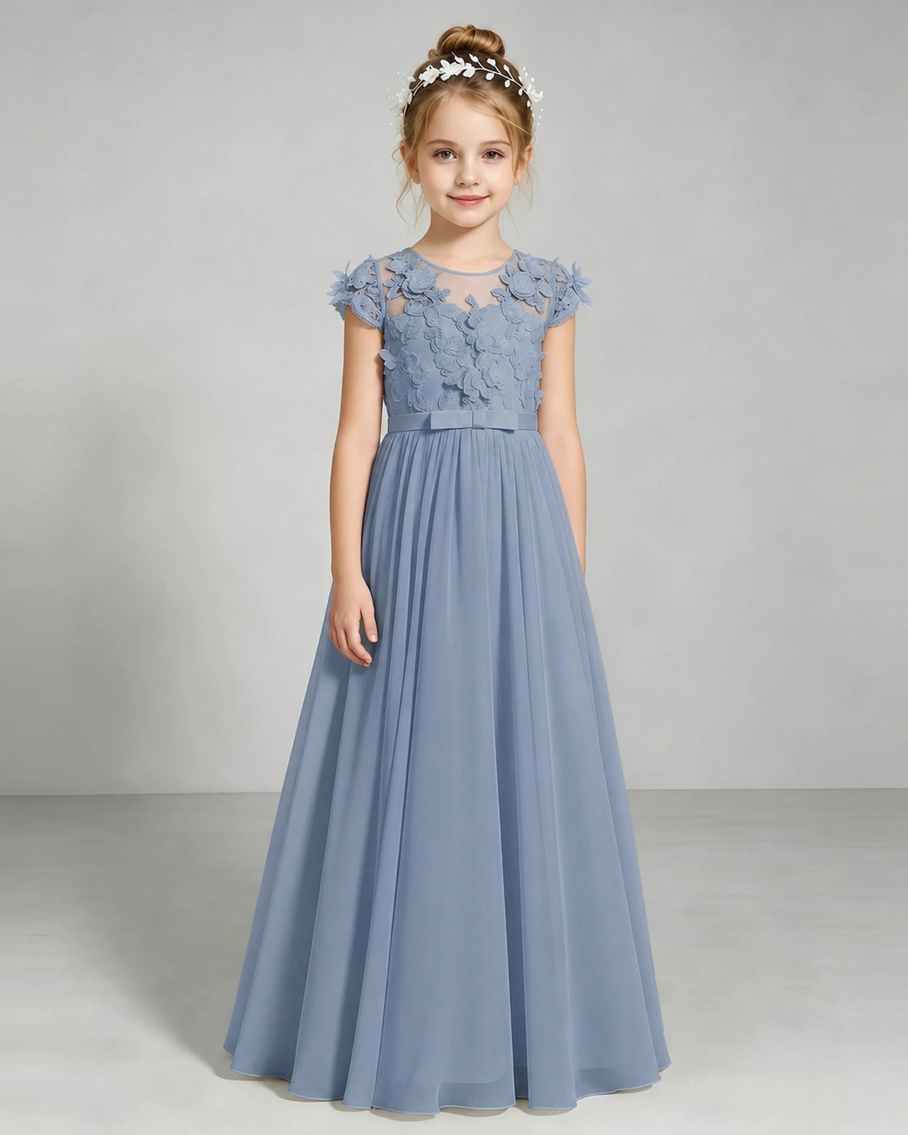 Dusty Blue Flower Girl Dress 3D Floral Lace Sheer Chiffon A-Line Floor-Length Gown Front Full View