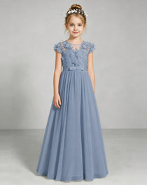 Dusty Blue Flower Girl Dress 3D Floral Lace Sheer Chiffon A-Line Floor-Length Gown Front Full View