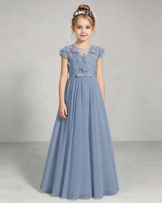 Dusty Blue Chiffon A-line Junior Bridesmaid Dress Front View
