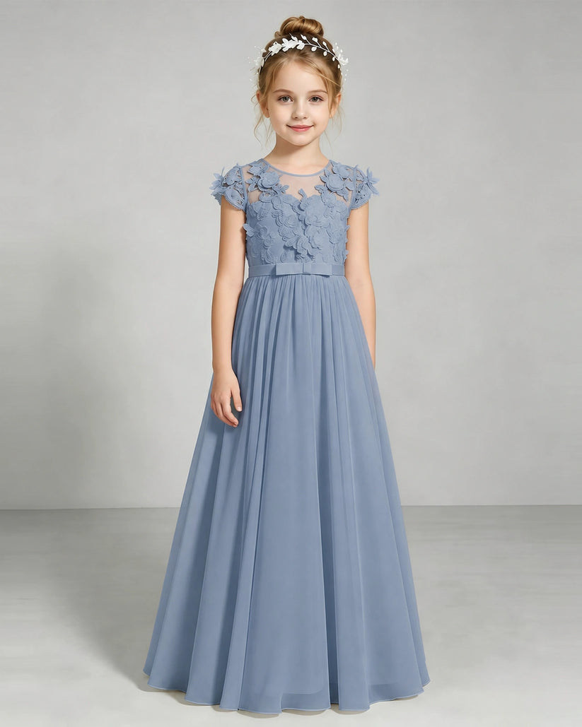 Dusty Blue Chiffon A-line Junior Bridesmaid Dress Front View