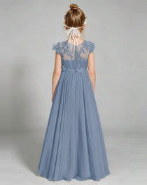 Dusty Blue Flower Girl Dress 3D Floral Lace Sheer Chiffon A-Line Floor-Length Gown Back Full View