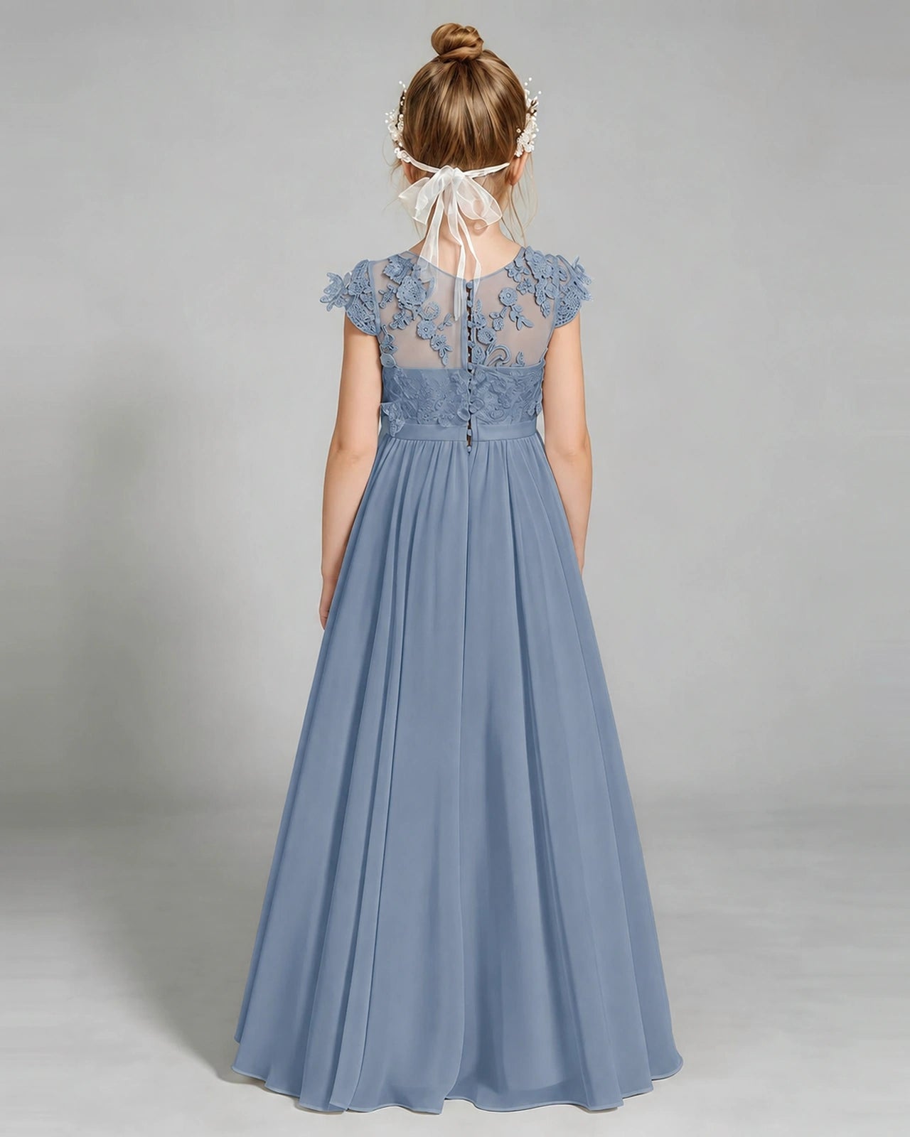 Dusty Blue Flower Girl Dress 3D Floral Lace Sheer Chiffon A-Line Floor-Length Gown Back Full View