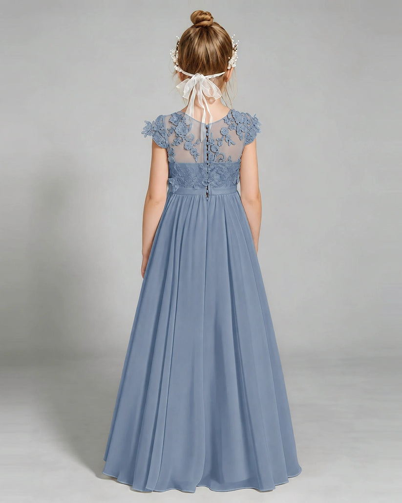 Dusty Blue Chiffon A-line Junior Bridesmaid Dress Back View