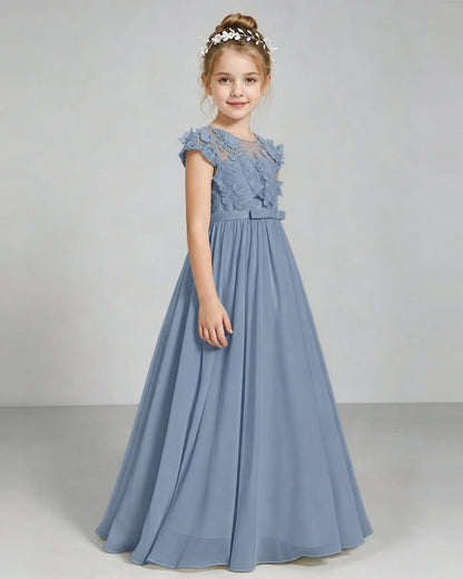 Dusty Blue Flower Girl Dress 3D Floral Lace Sheer Chiffon A-Line Floor-Length Gown Side Full View