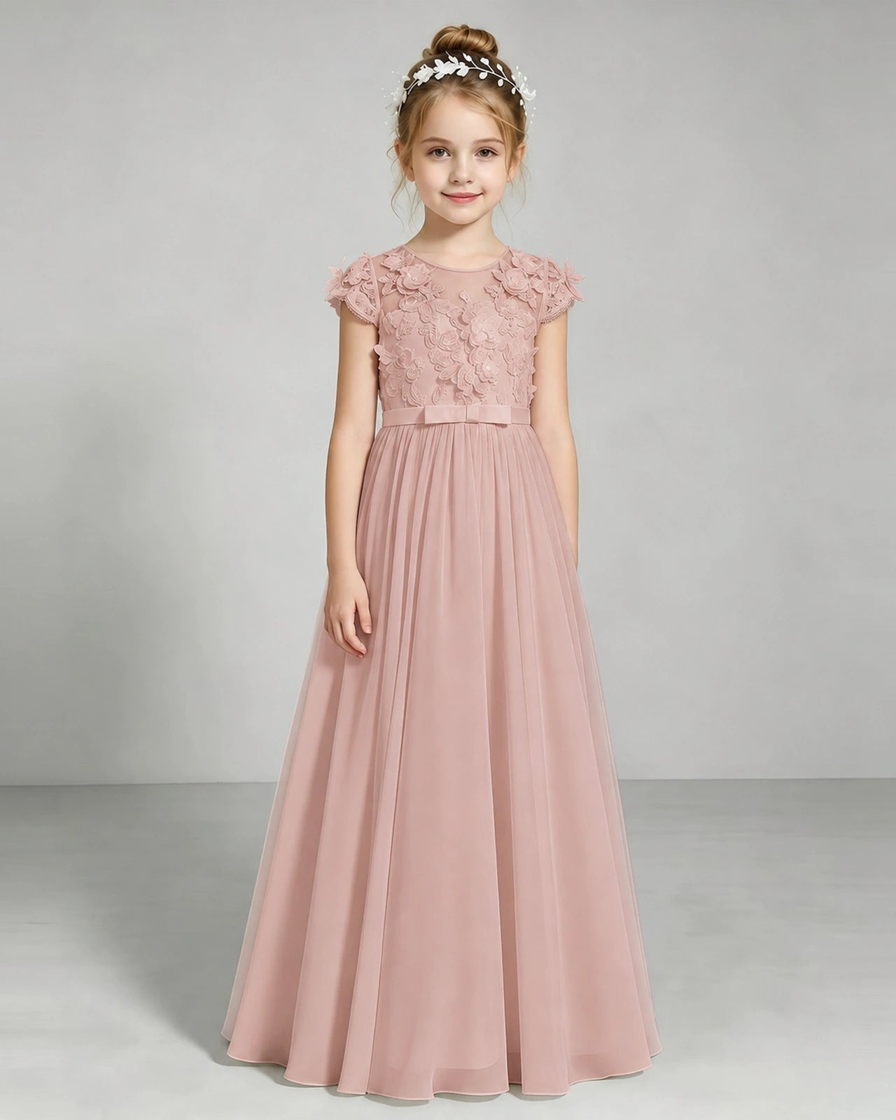 Dusty Rose Flower Girl Dress 3D Floral Lace Sheer Chiffon A-Line Floor-Length Gown Front Full View