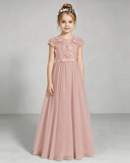 Dusty Rose Flower Girl Dress 3D Floral Lace Sheer Chiffon A-Line Floor-Length Gown Front Full View