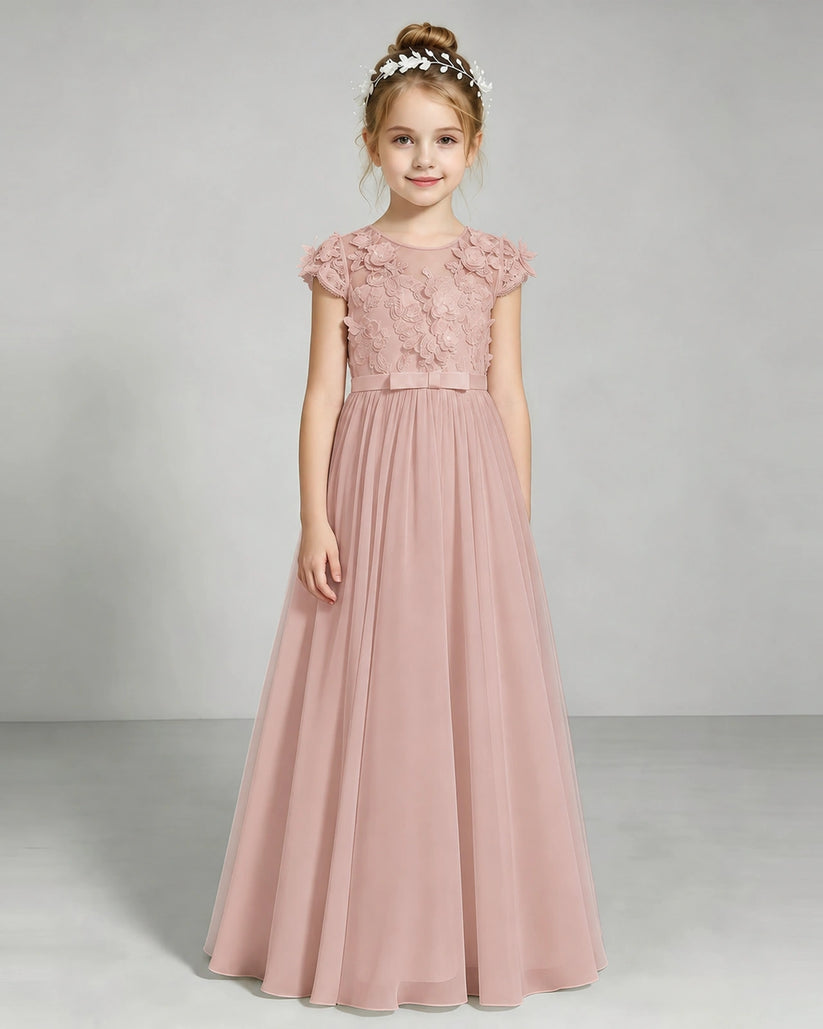 Dusty Rose Tulle A-line Junior Bridesmaid Dress Front View