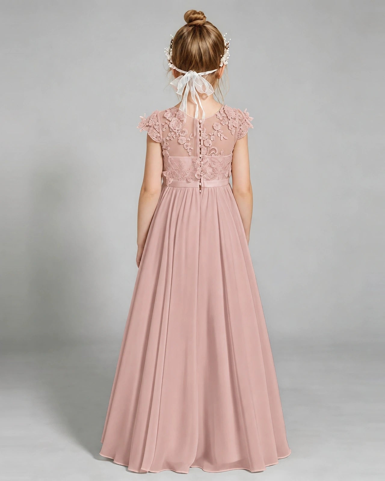 Dusty Rose Flower Girl Dress 3D Floral Lace Sheer Chiffon A-Line Floor-Length Gown Back Full View