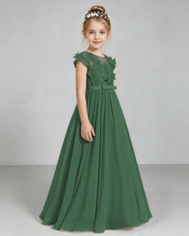 Emerald Green Flower Girl Dress 3D Floral Lace Sheer Chiffon A-Line Floor-Length Gown Side Full View