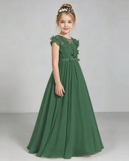 Emerald Green Flower Girl Dress 3D Floral Lace Sheer Chiffon A-Line Floor-Length Gown Side Full View