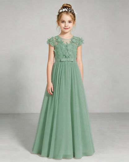 Eucalyptus Flower Girl Dress 3D Floral Lace Sheer Chiffon A-Line Floor-Length Gown Front Full View