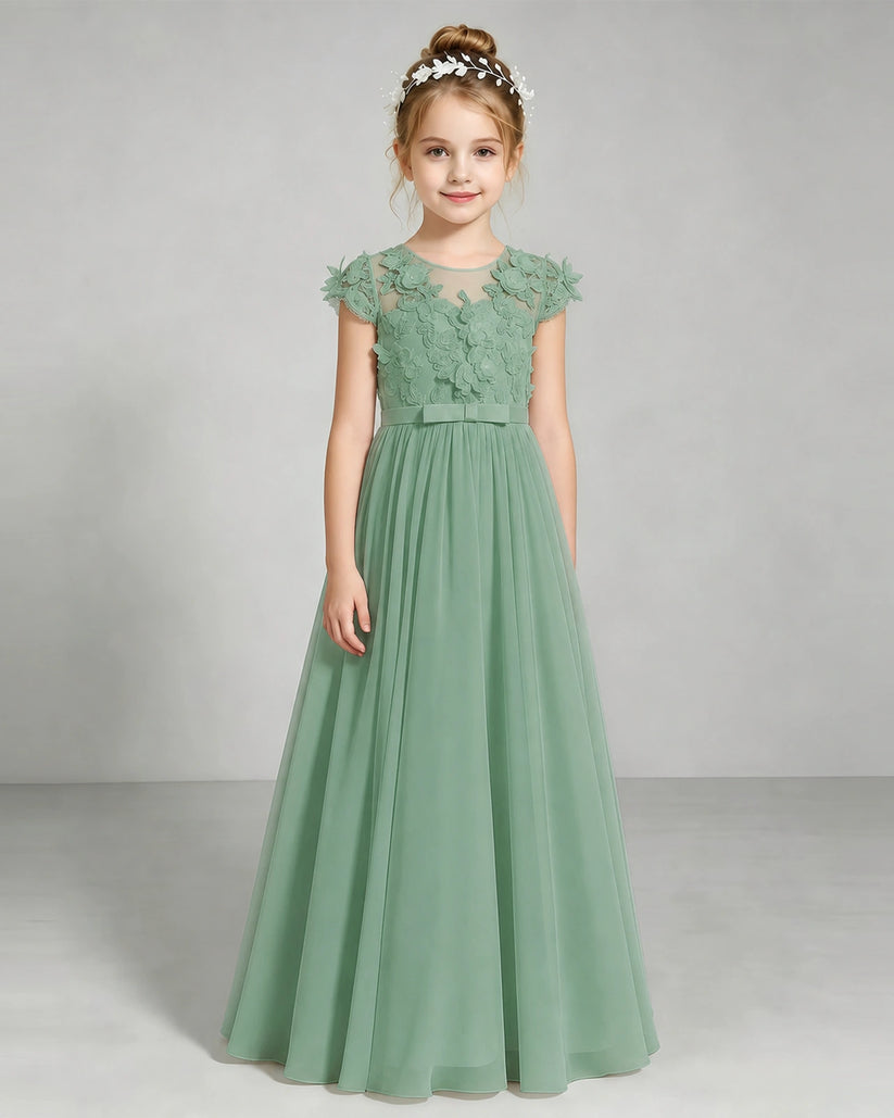 Eucalyptus Tulle A-line Junior Bridesmaid Dress Front View