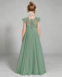 Eucalyptus Flower Girl Dress 3D Floral Lace Sheer Chiffon A-Line Floor-Length Gown Back Full View