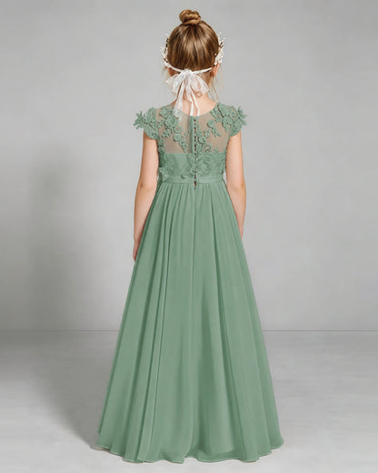 Eucalyptus Flower Girl Dress 3D Floral Lace Sheer Chiffon A-Line Floor-Length Gown Back Full View