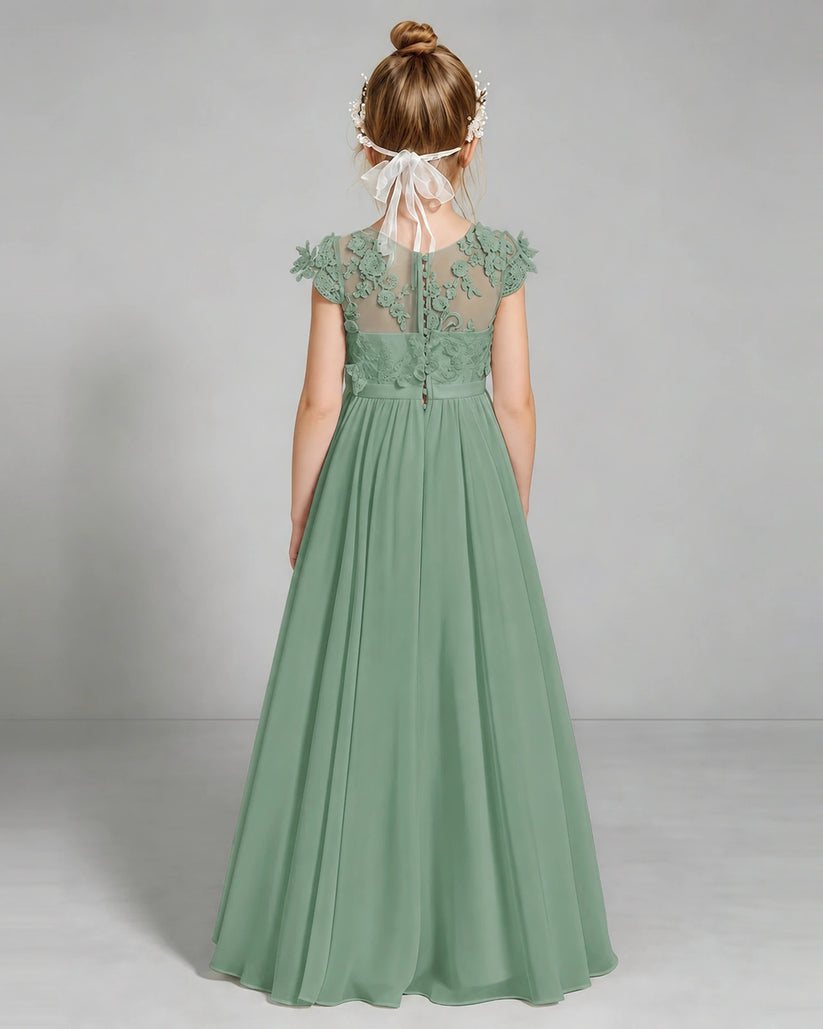 Eucalyptus Chiffon A-line Junior Bridesmaid Dress Back View