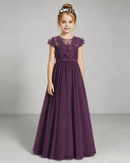 Grape Flower Girl Dress 3D Floral Lace Sheer Chiffon A-Line Floor-Length Gown Front Full View