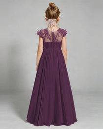 Grape Flower Girl Dress 3D Floral Lace Sheer Chiffon A-Line Floor-Length Gown Back Full View