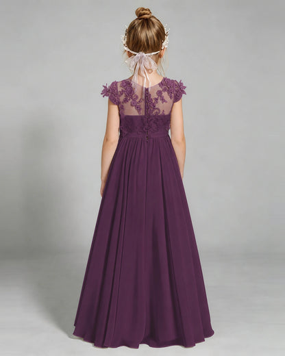 Grape Flower Girl Dress 3D Floral Lace Sheer Chiffon A-Line Floor-Length Gown Back Full View