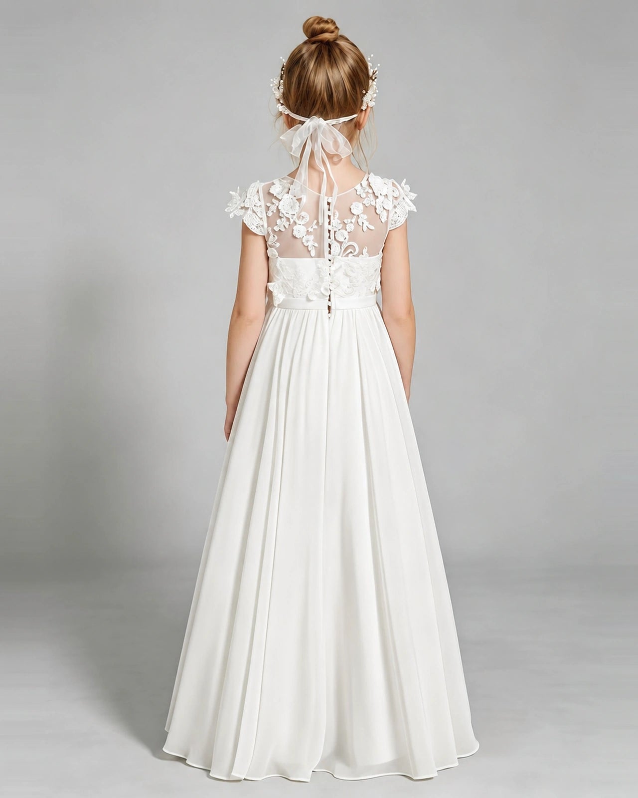 Ivory Flower Girl Dress 3D Floral Lace Sheer Chiffon A-Line Floor-Length Gown Back Full View